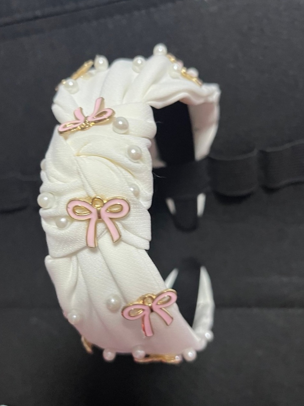 White Padded Headband with Pink Bow Accents